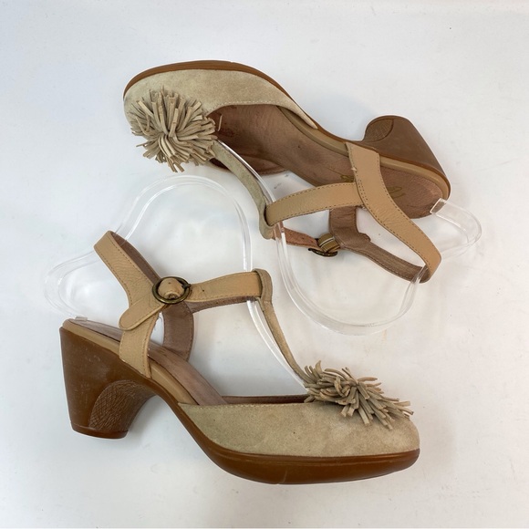 Miz Mooz Beige Leather Monette T Strap Pumps High Heel Shoes Size 8 Womens Pom - Picture 8 of 14